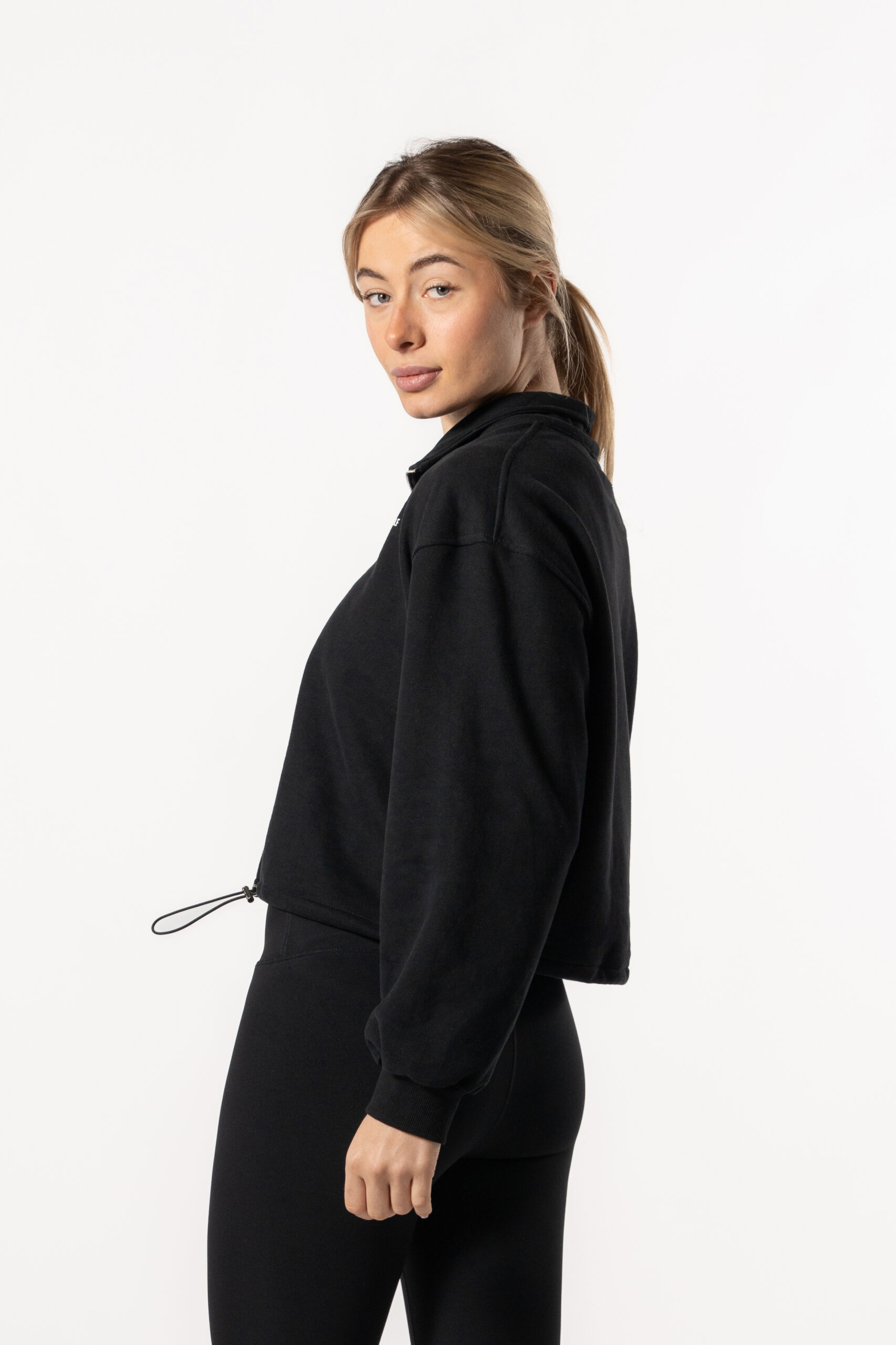 Half Zip Drop Shoulder Crop Sweatshirt – Black Sport Wears