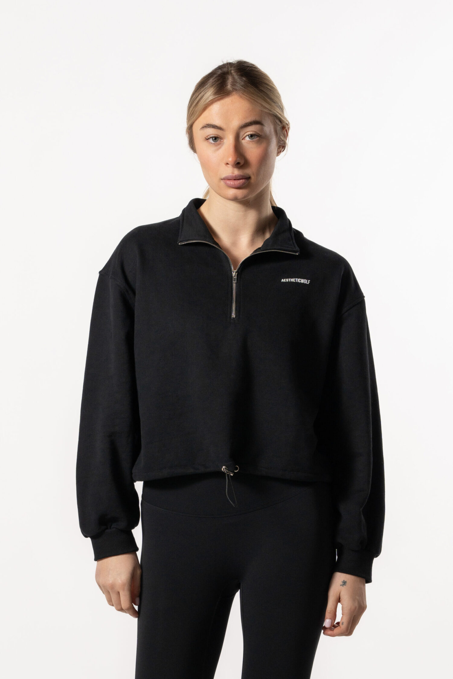 Half Zip Drop Shoulder Crop Sweatshirt – Black Sport Wears